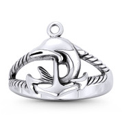 Dolphin on Anchor Mariner's / Salor's Luck Charm Stackable Ring in Oxidized .925 Sterling Silver - ST-FR155-SLO