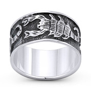 Scorpion Arachnid Goth Charm Scorpio Zodiac Sign 10mm Wide Band / Eternity Ring in Oxidized .925 Sterling Silver - ST-FR163-SLO