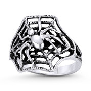 Spider on Web Arachnid Spirit Animal Charm Wide Band Right-Hand Statement Ring in Oxidized .925 Sterling Silver - ST-FR166-SLO