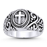 Cross & Filigree Christian Catholic Charm 3mm to 11mm Signet-Style Women's Ring in Oxidized .925 Sterling Silver - ST-FR170-SLO