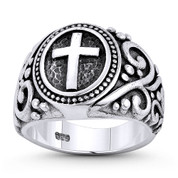 Cross & Filigree Christian Catholic Charm 5mm to 16mm Signet-Style Men's Ring in Oxidized .925 Sterling Silver - ST-FR171-SLO