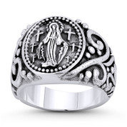 Virgin Mary, Cross, & Filigree Catholic Charm 5mm to 15mm Signet-Style Men's Ring in Oxidized .925 Sterling Silver - ST-FR172-SLO