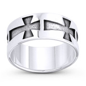 Flared Heraldic Pattee Cross Charm 7.5mm Band / Wide Unisex Ring in Oxidized .925 Sterling Silver - ST-FR175-SLO