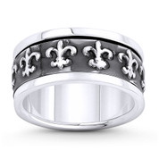 Fleur-De-Lis French Royalty Charm 9.5mm Band / Spinning Men's Ring in Oxidized .925 Sterling Silver - ST-FR176-SLO