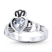 Irish Claddagh Hands & Heart Charm CZ Crystal 2.5-11mm Love & Friendship Promise Ring in Oxidized .925 Sterling Silver - ST-FR181-SLO