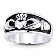 Irish Claddagh Hands & Heart Charm 4-9mm Love & Friendship Promise Band in Oxidized .925 Sterling Silver - ST-FR183-SLO