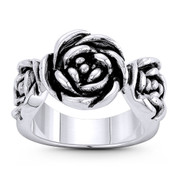 Rose Flower Love & Romance Charm Right-Hand Statement Ring in Oxidized .925 Sterling Silver - ST-FR191-SLO