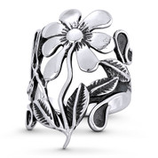 Daisy Flower, Vine, & Leaf Charm Wide Band / Right-Hand Statement Ring in Oxidized .925 Sterling Silver - ST-FR193-SLO