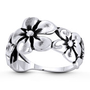 Daisy Flower, Vine, & Leaf Charm Right-Hand Stackable Boho Ring in Oxidized .925 Sterling Silver - ST-FR195-SLO