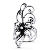 Lily Flower & Swirling Vine Large Floral Charm Right-Hand Boho Statement Ring in Oxidized .925 Sterling Silver - ST-FR199-SLO