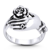 Rose Flower on Hand Love & Romance Charm Right-Hand Stackable Ring in Oxidized .925 Sterling Silver - ST-FR202-SLO