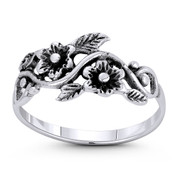 Wild Flower, Leaf, & Vine Charm Right-Hand Boho Ring / Stackable Band in Oxidized .925 Sterling Silver - ST-FR207-SLO
