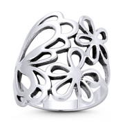 Butterfly & Flower Wide Charm Right-Hand Boho Statement Ring in Oxidized .925 Sterling Silver - ST-FR210-SLO