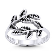 Olive Branch & Leaf Charm Peace, Victory, & Friendship Totem 13mm (0.5in) Stackable Bypass Ring in Oxidized .925 Sterling Silver - ST-FR222-SLO