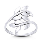 Olive Branch & Leaf Charm Peace, Victory, & Friendship Totem 17mm (0.7in) Stackable Bypass Ring in Oxidized .925 Sterling Silver - ST-FR225-SLO