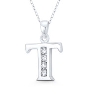 Initial Letter "T" CZ Crystal Charm 25x16mm (1in x 0.6in) Pendant in .925 Sterling Silver - ST-IP003-T-DiaCZ-SLP