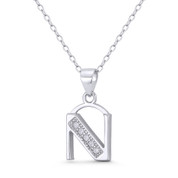Initial Letter "N" Block Script CZ Crystal 20x10mm (0.8x0.4in) Pendant in .925 Sterling Silver w/ Rhodium - ST-IP004-N-DiaCZ-SLW