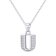 Initial Letter "U" Block Script CZ Crystal 19x11mm (0.75x0.4in) Pendant in .925 Sterling Silver w/ Rhodium - ST-IP004-U-DiaCZ-SLW