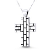 Laid-Brick-Design Rustic Christian Cross 33x19mm (1.3x0.7in) Pendant in Oxidized .925 Sterling Silver - BT-CP067-SLO
