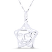 5-Pointed Smiling Face Star Celestial Charm 30x20mm (1.2x0.8in) Pendant in .925 Sterling Silver - BT-FP076-SLP