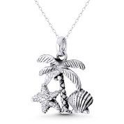 Palm Tree, Starfish, & Clam Charm 26x25mm (1x1in) Pendant in Oxidized .925 Sterling Silver - BT-FP165-SLO