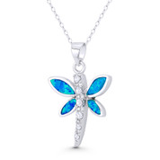 Dragonfly Insect Charm Created Opal & CZ Crystal 30x19mm (1.2x0.75in) Pendant in .925 Sterling Silver w/ Rhodium - BT-FP171-OpBu1CZ-SLW