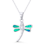 Dragonfly Insect Charm Created Opal 29x21mm (1.1x0.8in) Pendant in .925 Sterling Silver w/ Rhodium - BT-FP172-OpBu1CZ-SLW