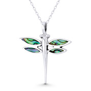 Dragonfly Insect Charm Mother-of-Pearl 29x21mm (1.1x0.8in) Pendant in .925 Sterling Silver w/ Rhodium - BT-FP173-MopBk-SLW