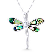 Dragonfly Insect Charm Mother-of-Pearl 30x31mm (1.2x1.2in) Pendant in .925 Sterling Silver w/ Rhodium - BT-FP174-MopBk-SLW