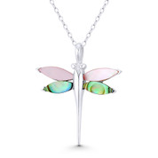 Dragonfly Insect Charm Mother-of-Pearl 28x25mm (1.1x1in) Pendant in .925 Sterling Silver w/ Rhodium - BT-FP175-MopPkBk-SLW