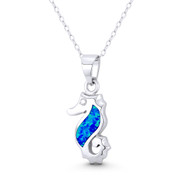 Seahorse Ocean Sealife Charm Created Opal 27x10mm (1.1x0.4in) Pendant in .925 Sterling Silver w/ Rhodium - BT-FP179-OpBu1CZ-SLW