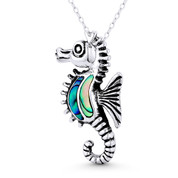 Seahorse Ocean Sealife Charm Mother-of-Pearl 33x18mm (1.2x0.7in) Pendant in Oxidized .925 Sterling Silver - BT-FP180-MopBkCZ-SLO
