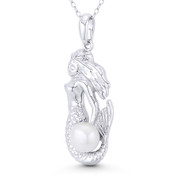 Mermaid Charm Cultured Pearl 37x14mm (1.5x0.6in) Pendant in .925 Sterling Silver w/ Rhodium - BT-FP183-FWPWt-SLW