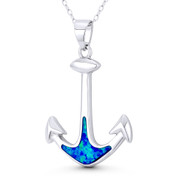 Ship's Anchor Luck Charm Created Opal 36x24mm (1.4x0.9in) Pendant in .925 Sterling Silver w/ Rhodium - BT-FP185-OpBu1CZ-SLW