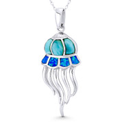 Jellyfish Ocean Sealife Charm Created Opal & Chalcedony 48x19mm (1.9x0.75in) Pendant in .925 Sterling Silver w/ Rhodium - BT-FP218-OpBu1CZ-SLW
