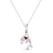 Dolphin Ocean Sealife Charm Pink Mother-of-Pearl 20x11mm (0.8x0.4in) Pendant in .925 Sterling Silver w/ Rhodium - BT-FP236-MopPk-SLW