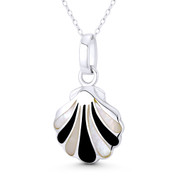 Scallop Clam Seashell Charm Mother-of-Pearl & Onyx 31x18mm (1.2x0.7in) Pendant in .925 Sterling Silver w/ Rhodium - BT-FP237-MopWtOxBk-SLW
