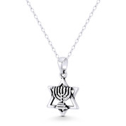 Star of David & Menorah 7-Candle Lampstand Jewish Charm Pendant in Oxidized .925 Sterling Silver - BT-JP005-SLO