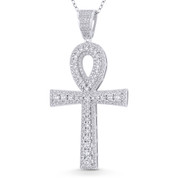 Egyptian Ankh Cross Key-of-Life Large Cubic Zirconia Crystal Pave 57x29mm (2.2x1.1in) Pendant in .925 Sterling Silver w/ Rhodium - GN-CP001-DiaCZ-SLW