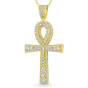 Egyptian Ankh Cross Key-of-Life Large Cubic Zirconia Crystal Pave 57x29mm (2.2x1.1in) Pendant in .925 Sterling Silver w/ 14k Yellow Gold - GN-CP001-DiaCZ-SLY
