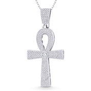 Egyptian Ankh Cross Key-of-Life Large Cubic Zirconia Crystal Pave 55x26mm (2.2x1in) Pendant in .925 Sterling Silver w/ Rhodium - GN-CP002-DiaCZ-SLW