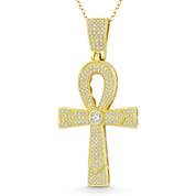 Egyptian Ankh Cross Key-of-Life Large Cubic Zirconia Crystal Pave 55x26mm (2.2x1in) Pendant in .925 Sterling Silver w/ 14k Yellow Gold - GN-CP002-DiaCZ-SLY