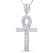 Egyptian Ankh Cross Key-of-Life Large Cubic Zirconia Crystal Pave 53x20mm (2.1x0.8in) Pendant in .925 Sterling Silver w/ Rhodium - GN-CP003-DiaCZ-SLW