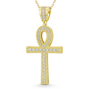Egyptian Ankh Cross Key-of-Life Large Cubic Zirconia Crystal Pave 53x20mm (2.1x0.8in) Pendant in .925 Sterling Silver w/ 14k Yellow Gold - GN-CP003-DiaCZ-SLY