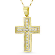 Latin Cross Cubic Zirconia Crystal Pave 45x25mm (1.8x1in) Christian Pendant in .925 Sterling Silver w/ 14k Yellow Gold - GN-CP016-DiaCZ-SLY