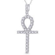 Egyptian Ankh Cross Key-of-Life Large Cubic Zirconia Crystal Pave 50x23mm (2x0.9in) Pendant in .925 Sterling Silver w/ Rhodium - GN-CP019-DiaCZ-SLW