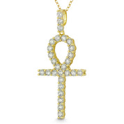 Egyptian Ankh Cross Key-of-Life Large Cubic Zirconia Crystal Pave 50x23mm (2x0.9in) Pendant in .925 Sterling Silver w/ 14k Yellow Gold - GN-CP019-DiaCZ-SLY
