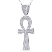 Egyptian Ankh Cross Key-of-Life Large CZ Crystal Pave Pendant in .925 Sterling Silver w/ Rhodium - GN-CP020-DiaCZ-SLW