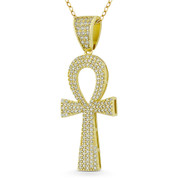 Egyptian Ankh Cross Key-of-Life Large Cubic Zirconia Crystal Pave 43x16mm (1.7x0.6in) Pendant in .925 Sterling Silver w/ 14k Yellow Gold - GN-CP020-DiaCZ-SLY