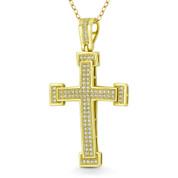 Cross Potent Asscher & Round Cut Cubic Zirconia Crystal Pave 43x24mm (1.7x0.9in) Christian Pendant in .925 Sterling Silver w/ 14k Yellow Gold - GN-CP024-DiaCZ-SLY